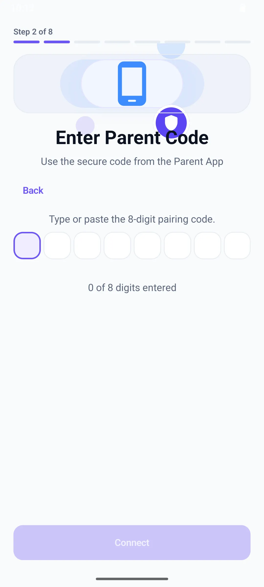 Kidder Child App showing the Enter Parent Code step.