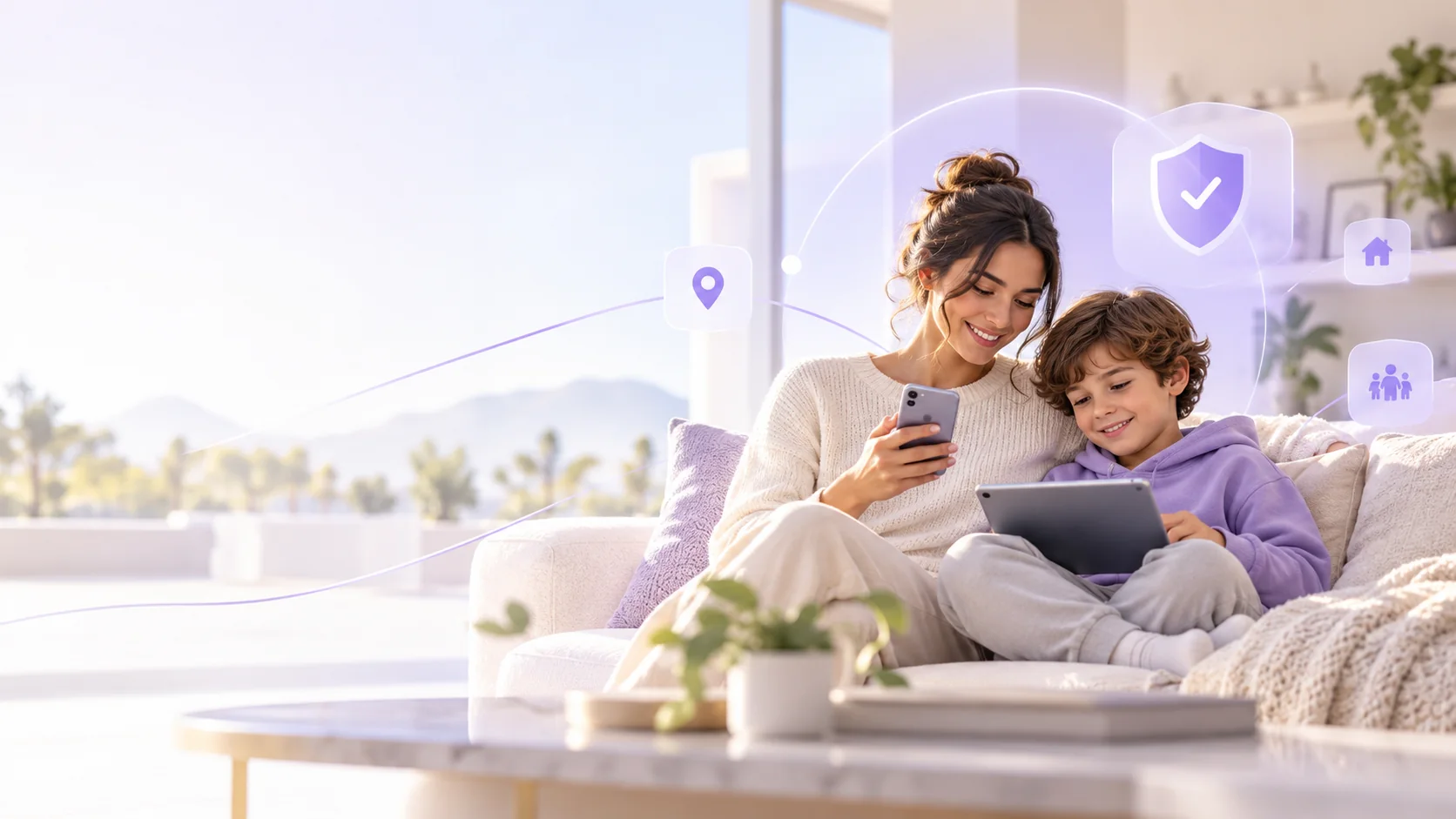 Parent and child spending time together with a phone and tablet at home.