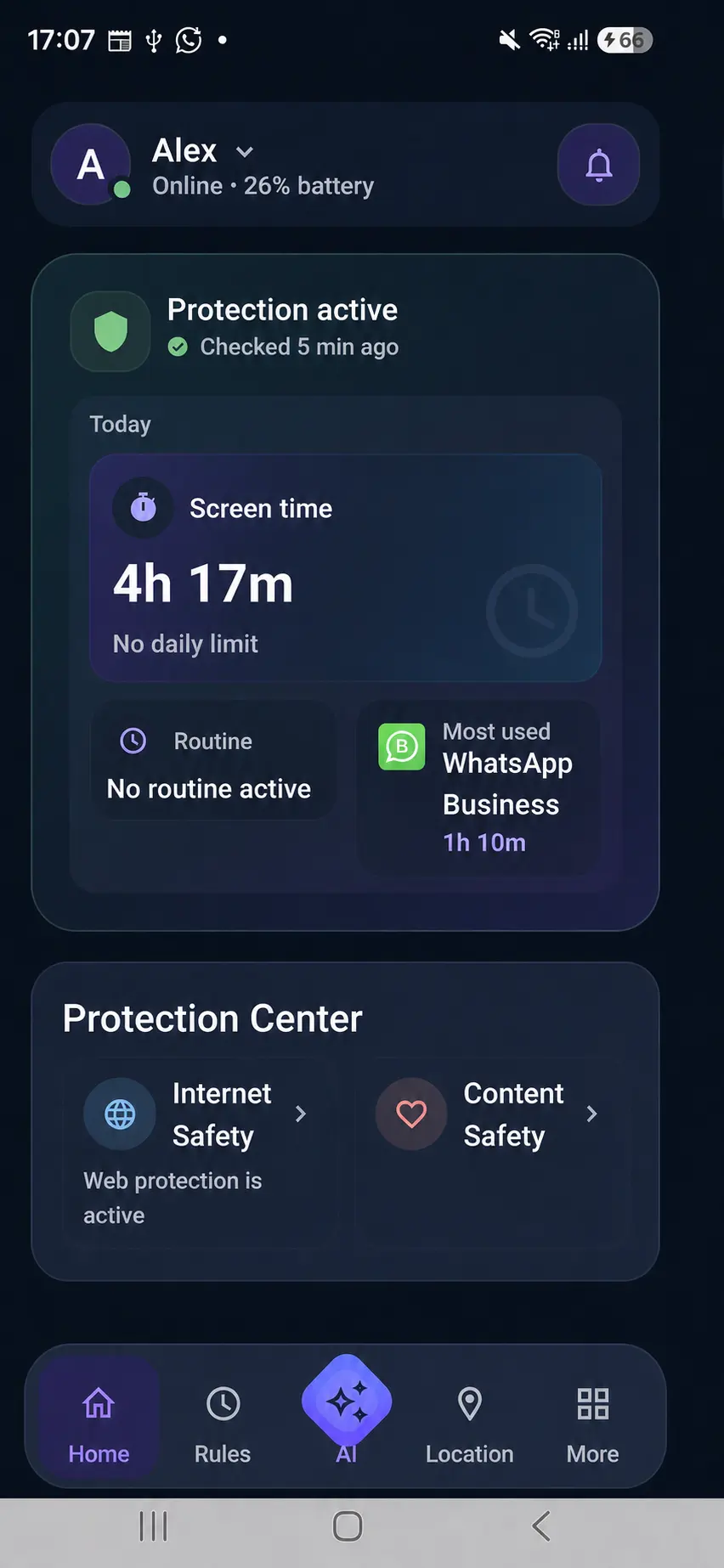 Kidder Parent App family overview showing protection, Screen Time, and family safety.