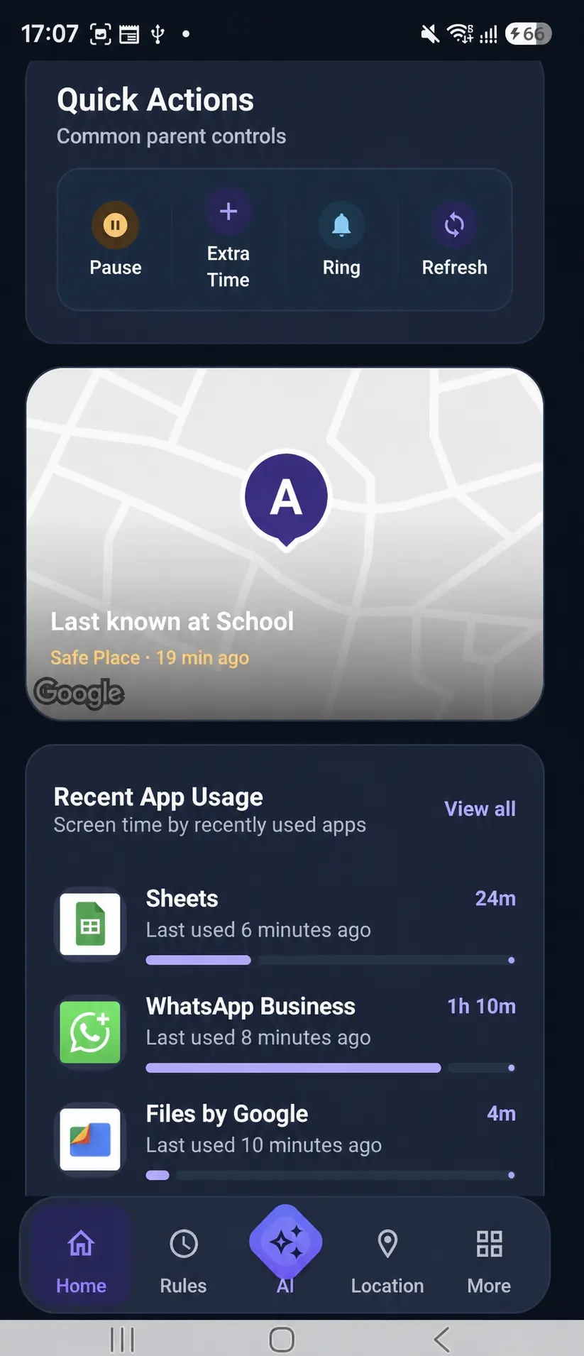 Kidder Parent App home view showing a family usage summary.