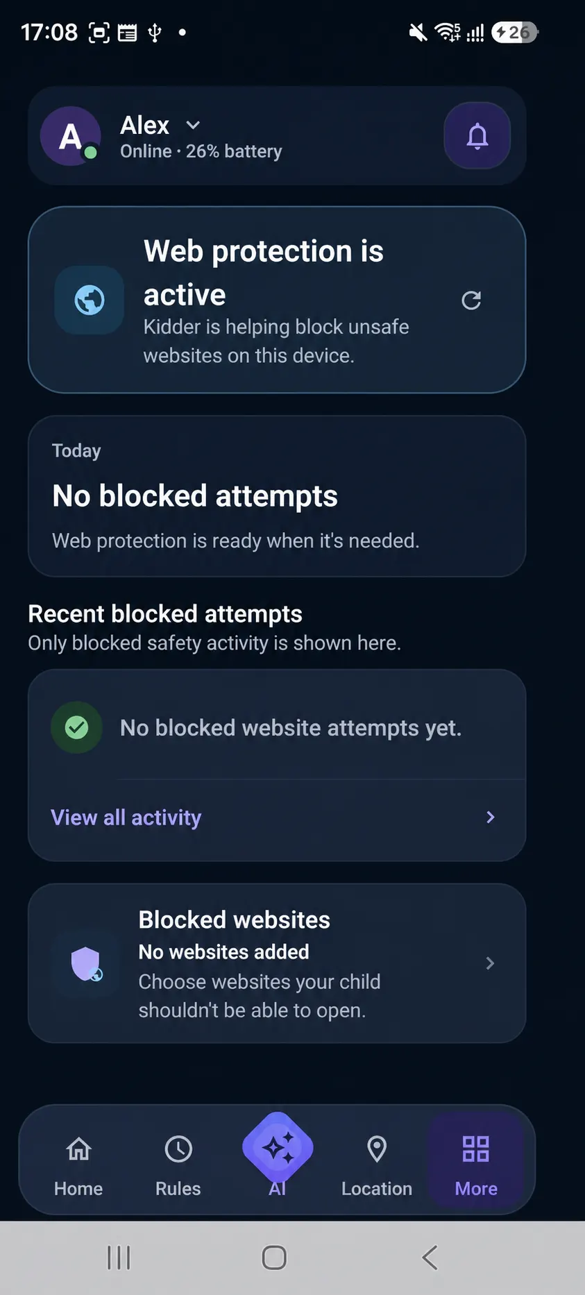 Kidder Internet Safety screen showing Web protection active.