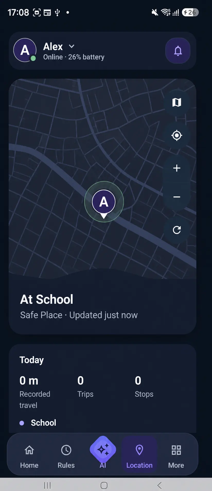 Kidder Location screen showing a sanitized Safe Place state.