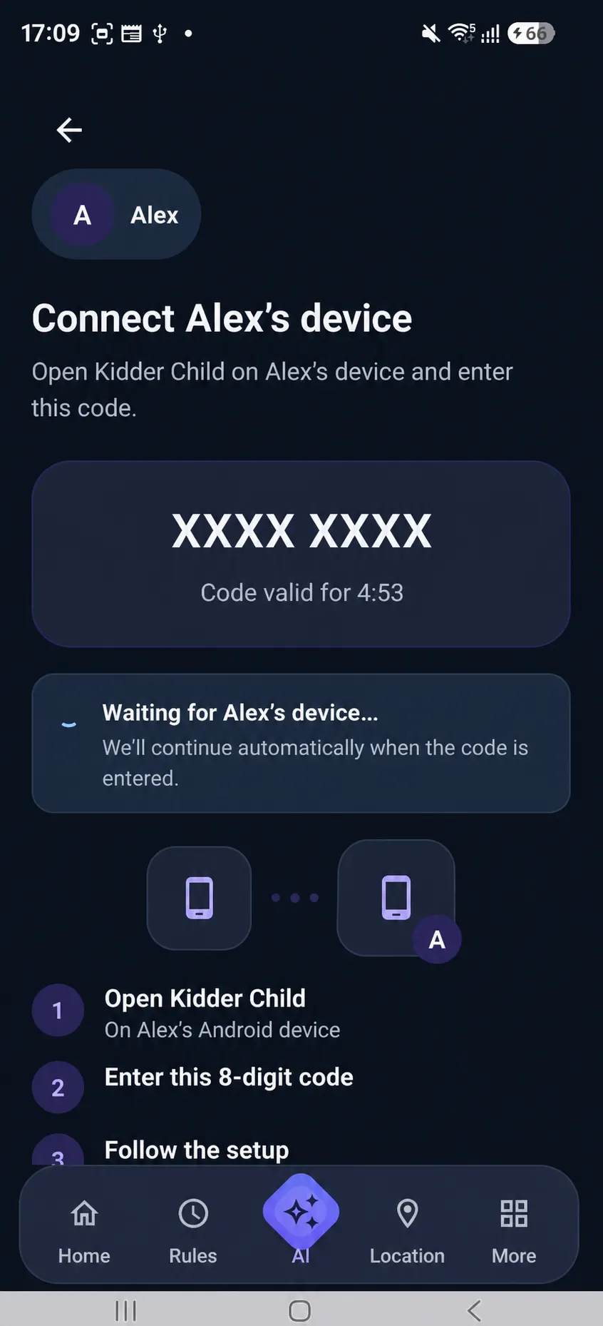 Kidder Parent App device pairing guidance.
