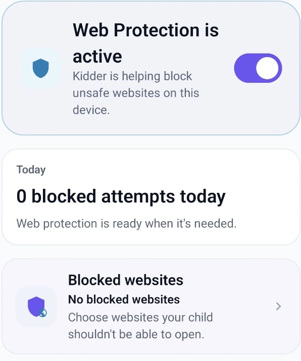 Kidder Web Protection active with zero blocked attempts today and blocked-website controls.